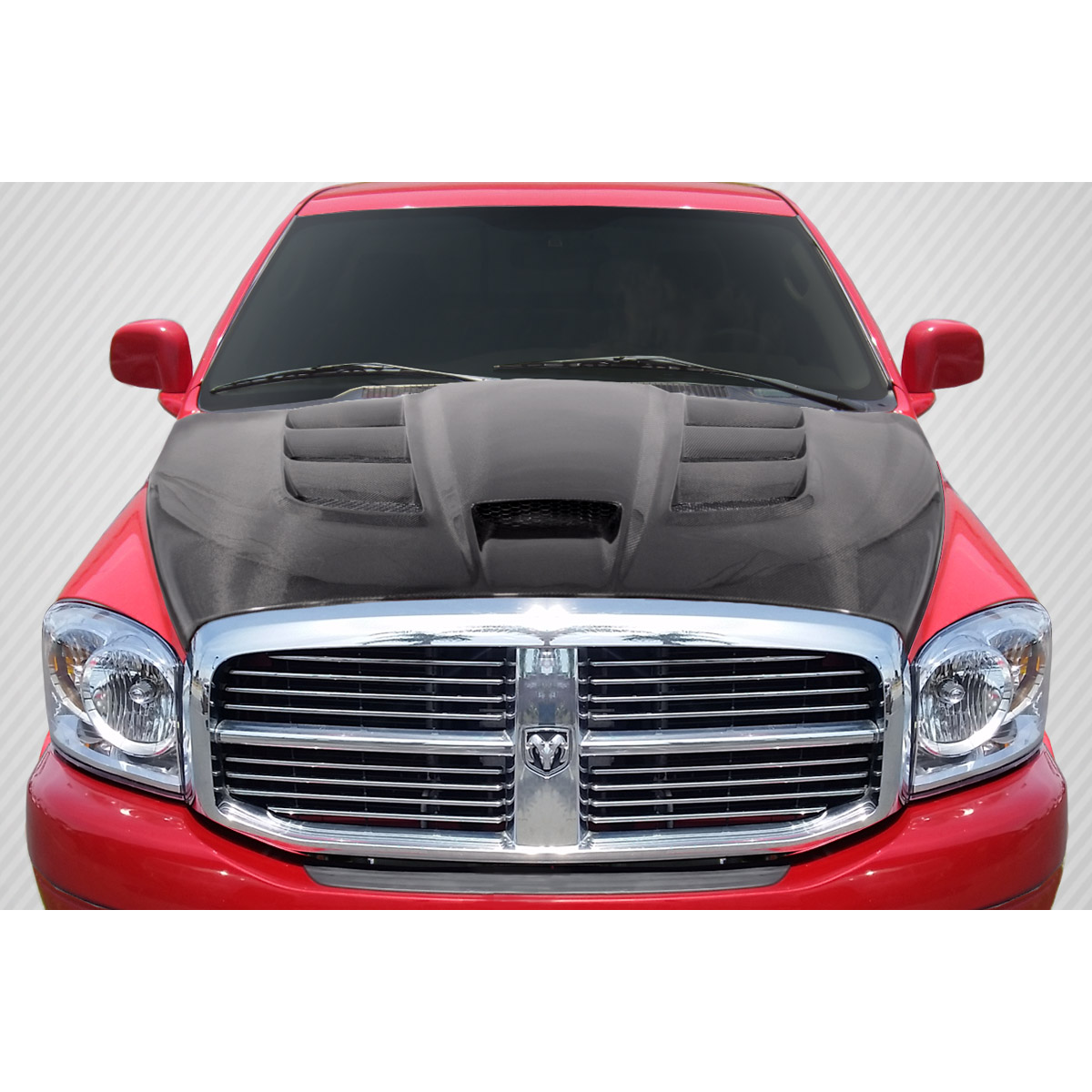 Modify your Dodge Ram 2002 with our Exterior/Hoods - Front view of the hood at a straight angle