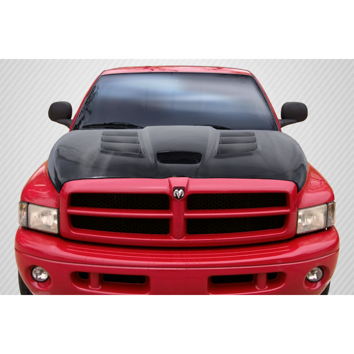 Modify your Dodge Ram 1994 with our Exterior/Hoods - Front view of a truck hood at eye level