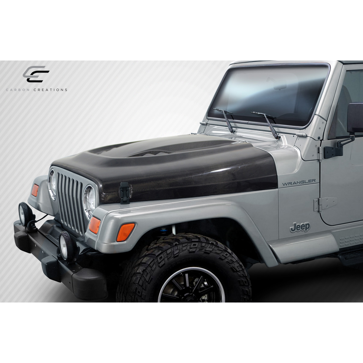 Modify your Jeep Wrangler 1997 with our Exterior/Hoods - Front angle view of hood on jeep wrangler