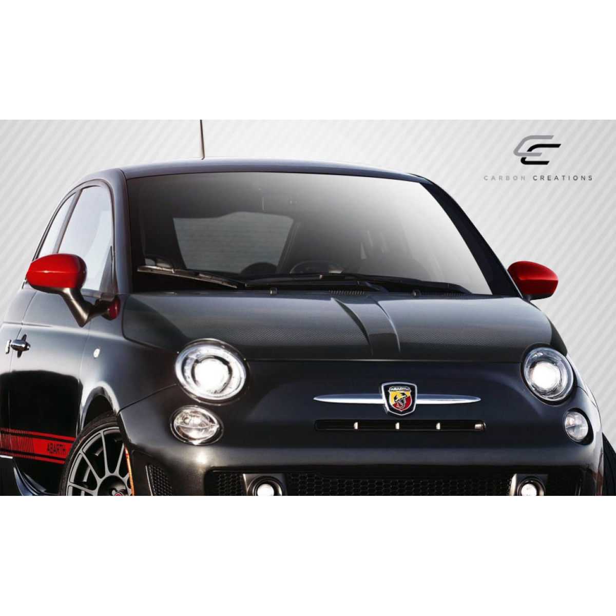 Modify your Fiat 500 2012 with our Exterior/Hoods - Frontal view of carbon fiber hood of a fiat 500