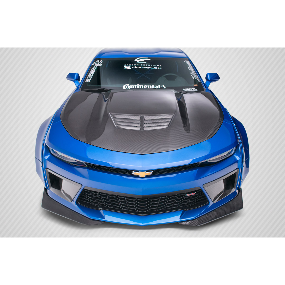 Modify your Chevrolet Camaro 2016 with our Exterior/Hoods - Front view showcasing the carbon fiber hood design