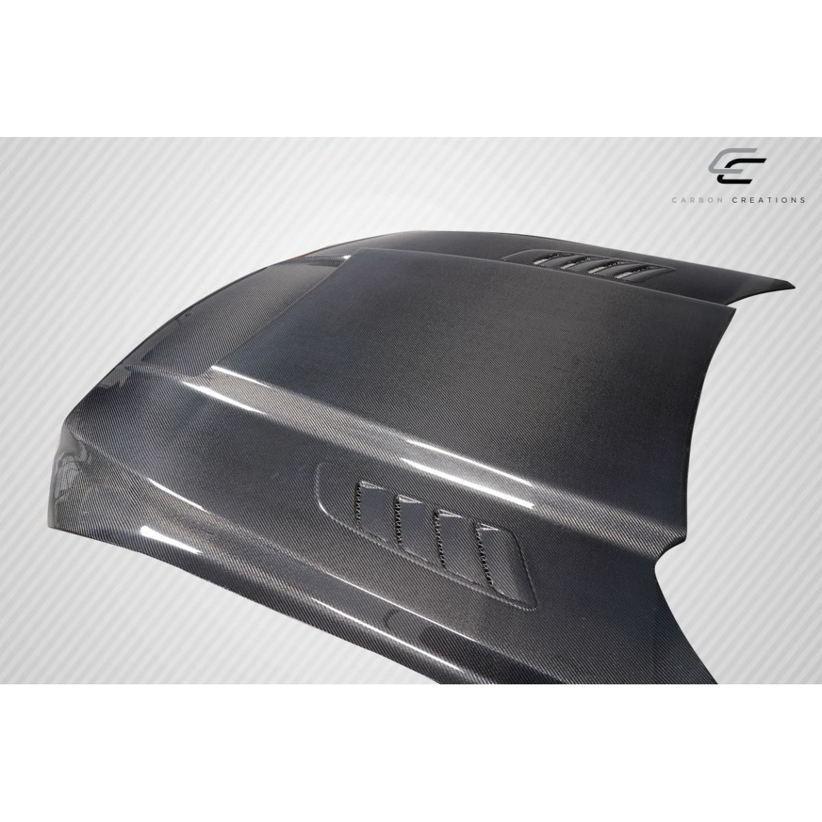 Modify your Ford Mustang 2015 with our Exterior/Hoods - Angled view of a carbon fiber hood