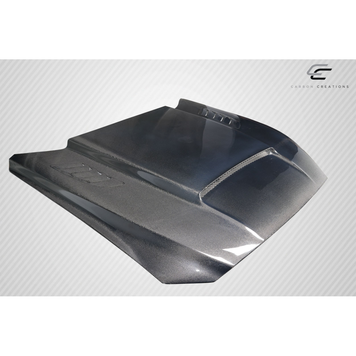 Modify your Ford Mustang 2015 with our Exterior/Hoods - Angled view of carbon fiber hood part