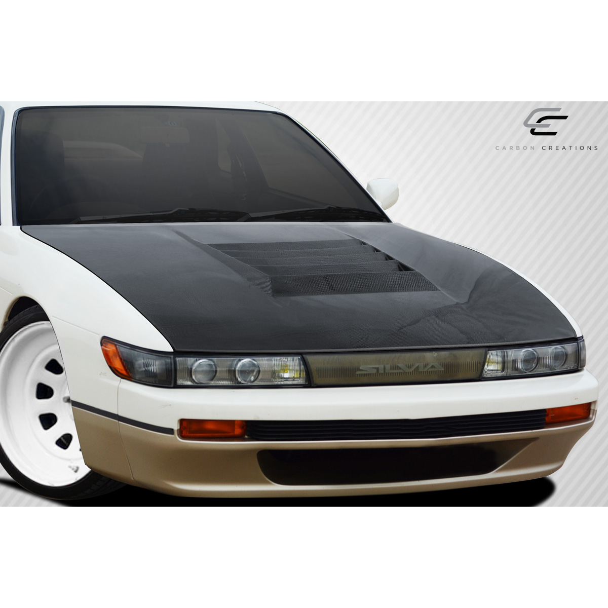 Modify your Nissan Silvia 1989 with our Exterior/Hoods - Front view angled slightly to the side