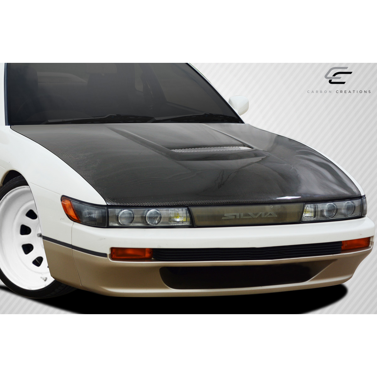 Modify your Nissan Silvia 1989 with our Exterior/Hoods - Front angle view of the car's hood