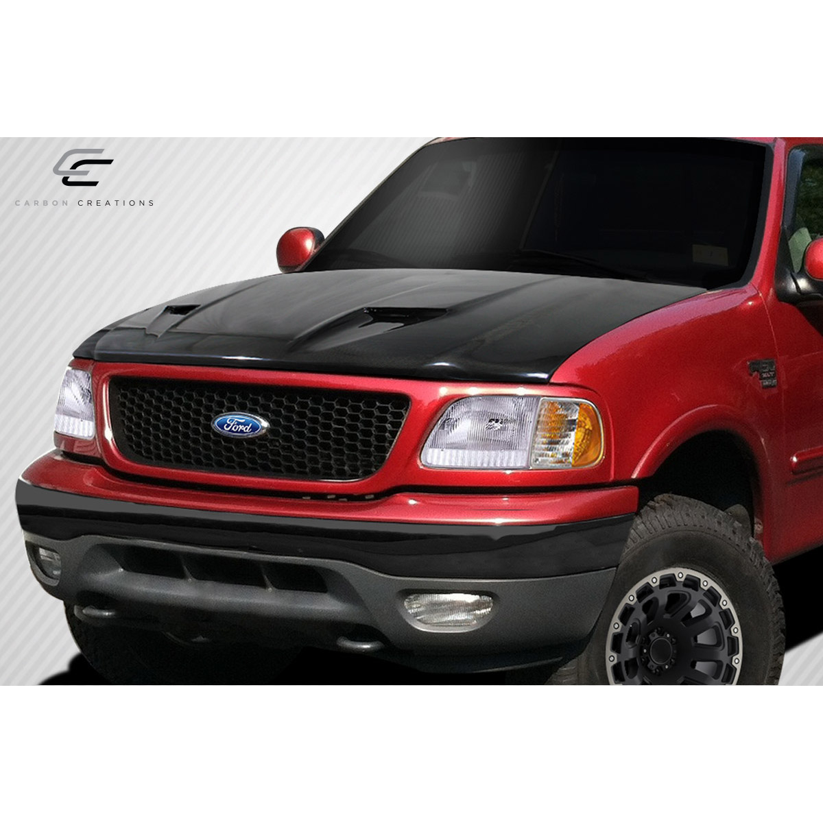 Modify your Ford F-150 1997 with our Exterior/Hoods - Front angled view of the vehicle hood