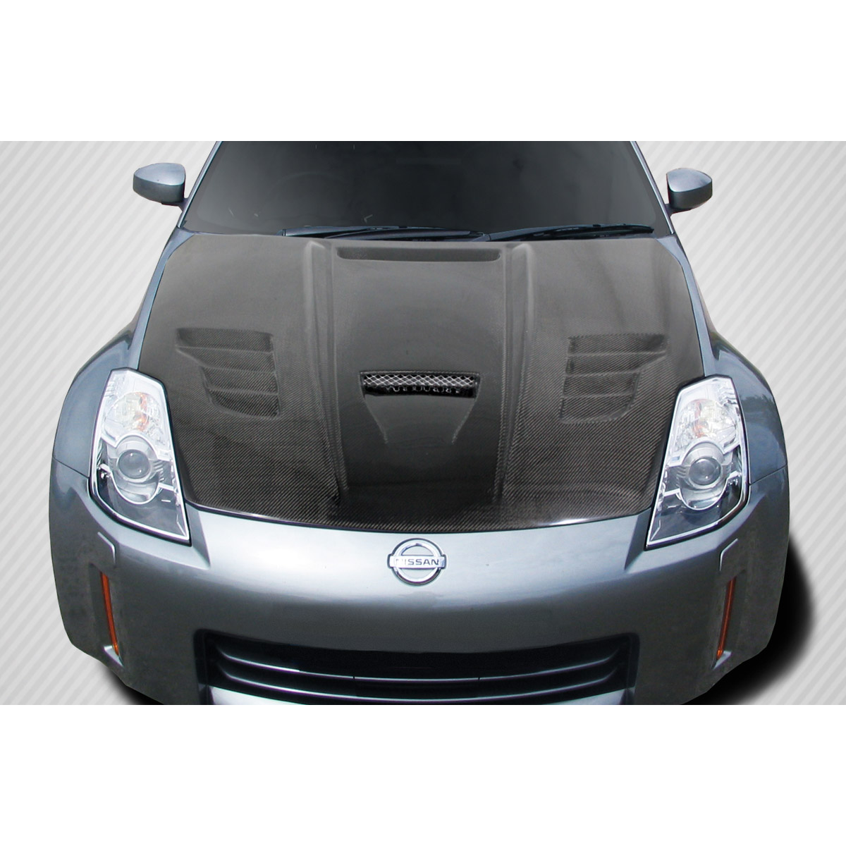 Modify your Nissan 350Z 2003 with our Exterior/Hoods - Front view of the hood at a slight angle