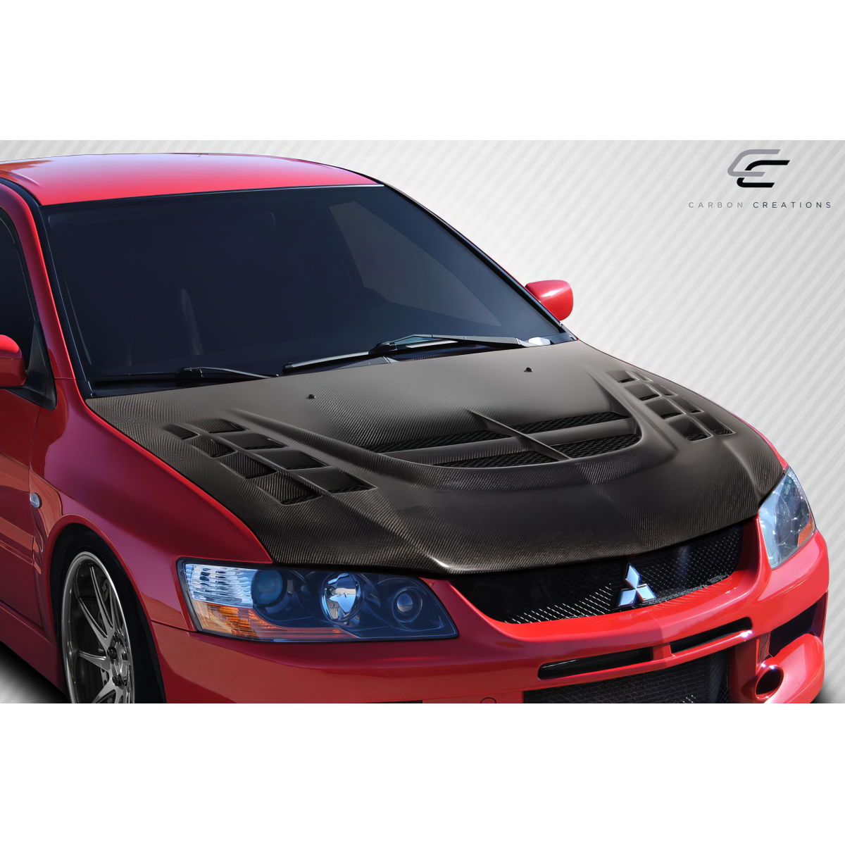 Modify your Mitsubishi Evolution 2003 with our Exterior/Hoods - Front view of the hood at a slight angle