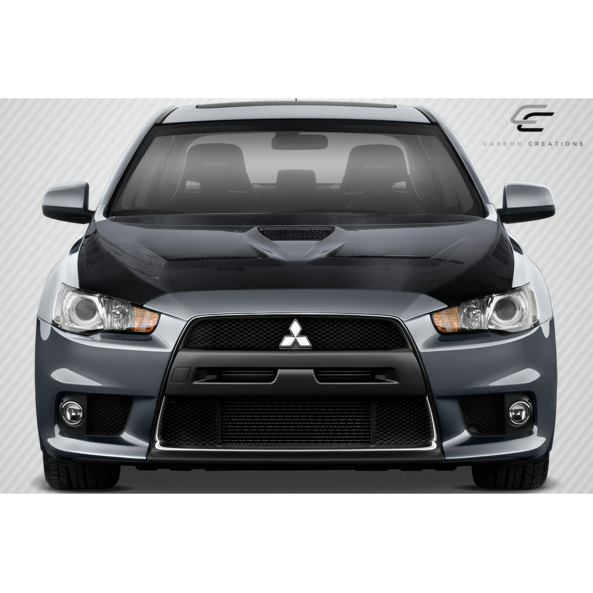 Modify your Mitsubishi Evolution 2008 with our Exterior/Hoods - Front view of car part at zero degrees angle