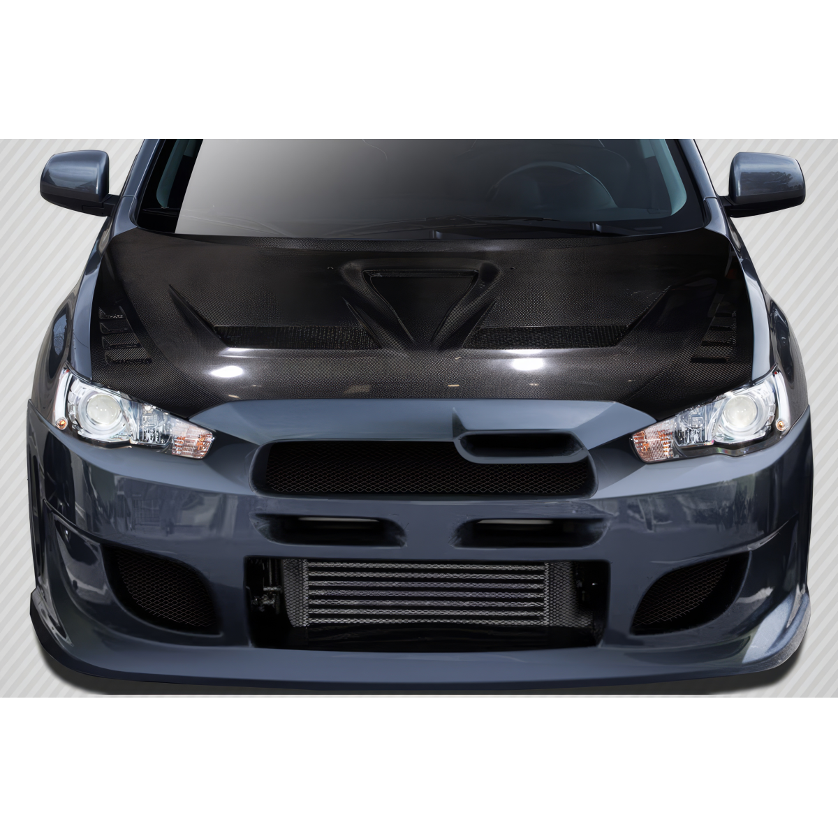 Modify your Mitsubishi Evolution 2008 with our Exterior/Hoods - Front view of the carbon fiber race hood