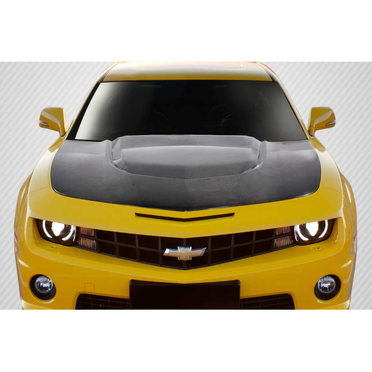 Modify your Chevrolet Camaro 2010 with our Exterior/Hoods - Front view angle of hood on a yellow Camaro