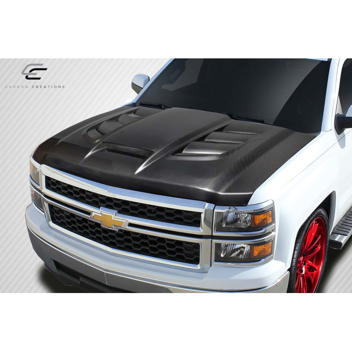 Modify your Chevrolet Silverado 2014 with our Exterior/Hoods - Hood viewed from a slight front angle