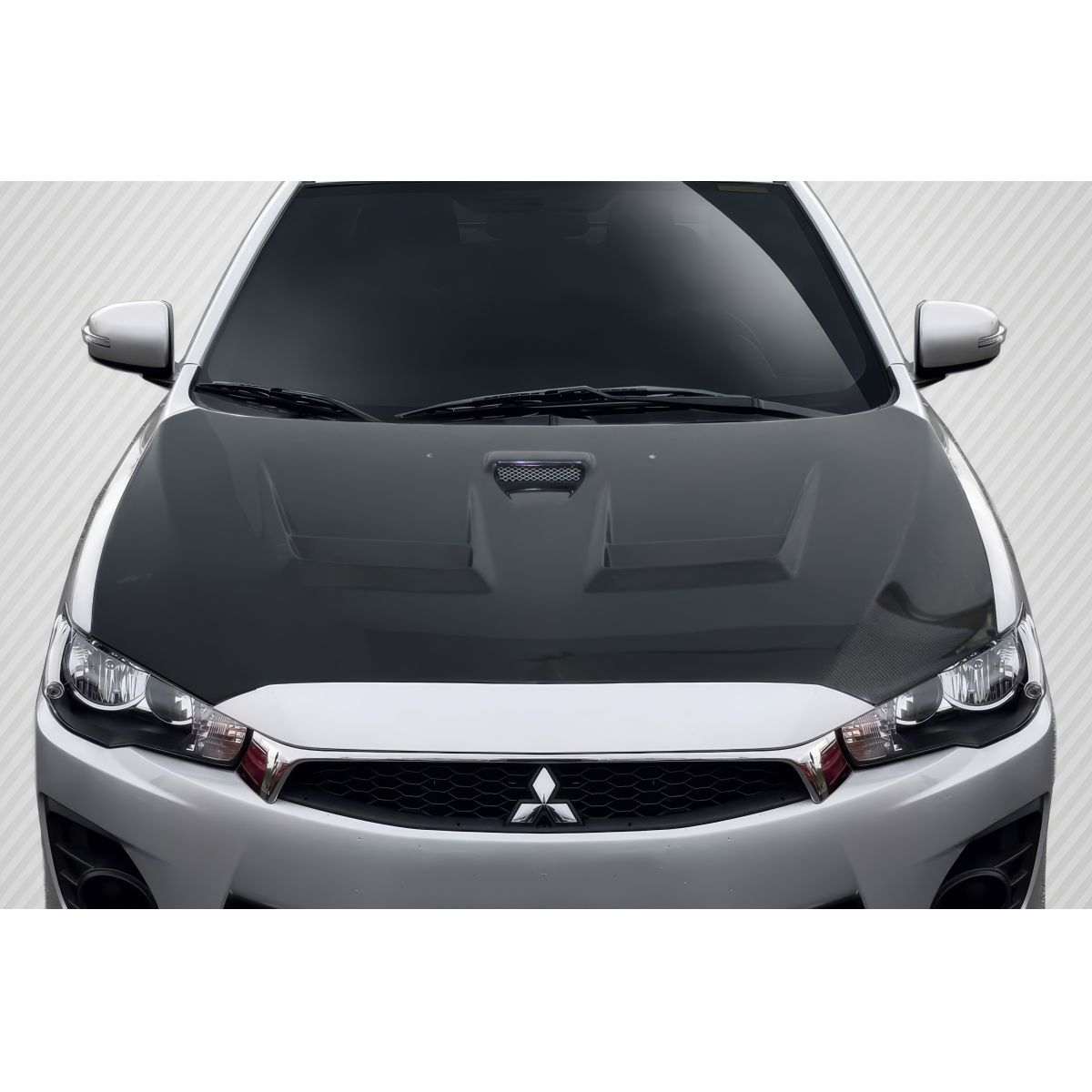 Modify your Mitsubishi Evolution 2008 with our Exterior/Hoods - Front view of a car hood at a slight angle