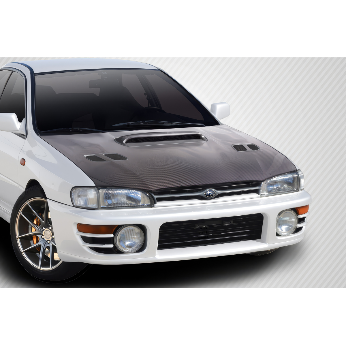 Modify your Subaru Impreza 1993 with our Exterior/Hoods - Front angle view of the Subaru Impreza hood