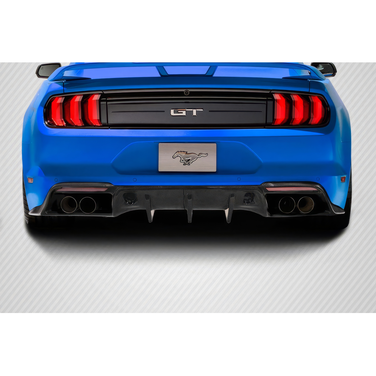 Modify your Ford Mustang 2018 with our Exterior/Diffusers - Rear view showing carbon fiber diffuser installed