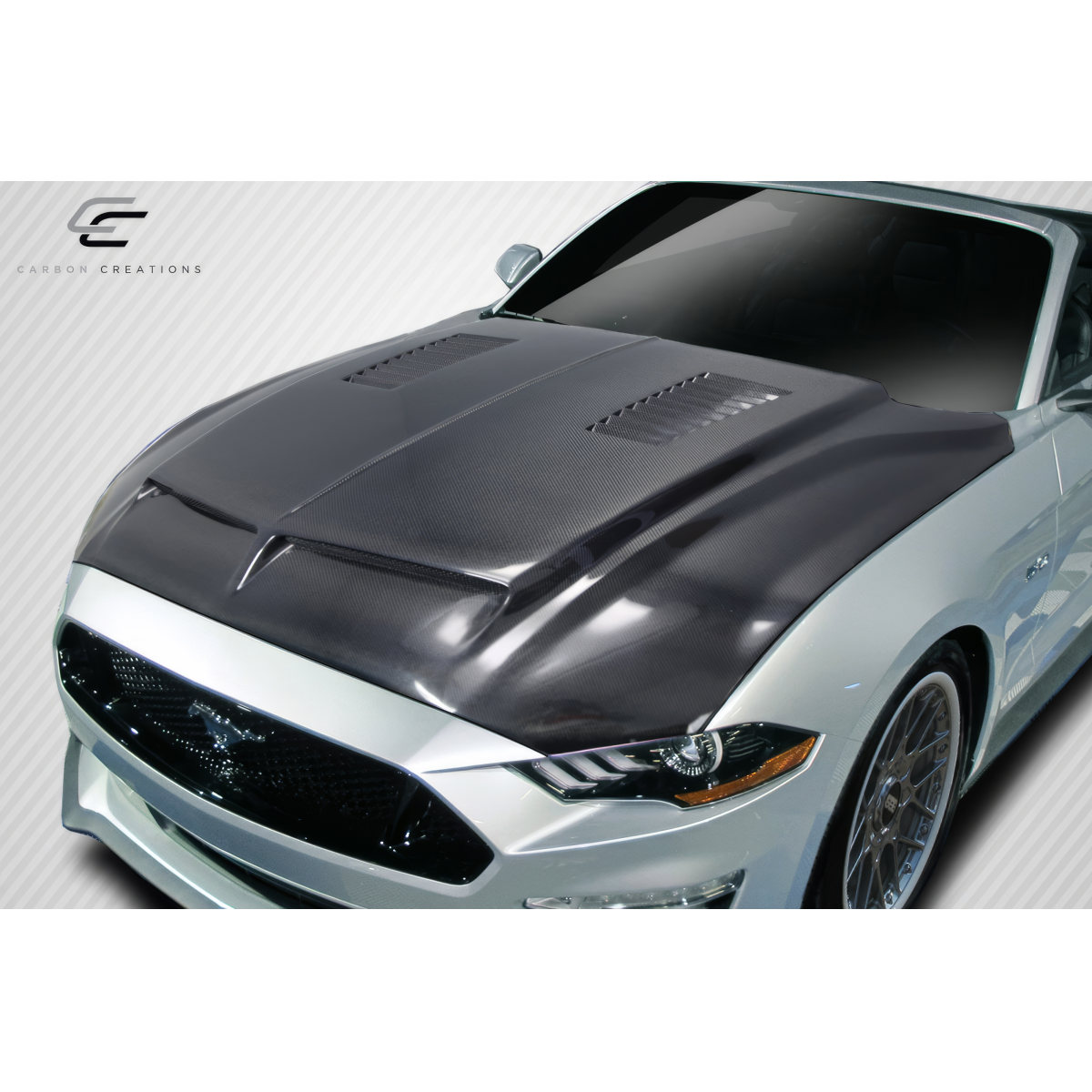Modify your Ford Mustang 2018 with our Exterior/Hoods - Viewed from a high angle focusing on the hood