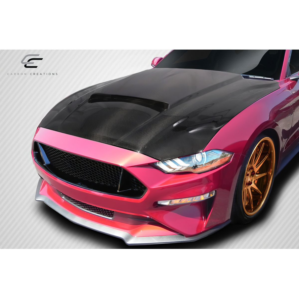 Modify your Ford Mustang 2018 with our Exterior/Hoods - Front angle view of a modified Ford Mustang