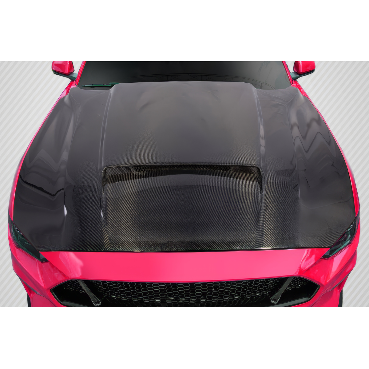 Modify your Ford Mustang 2018 with our Exterior/Hoods - Top down view of the hood at a slight angle