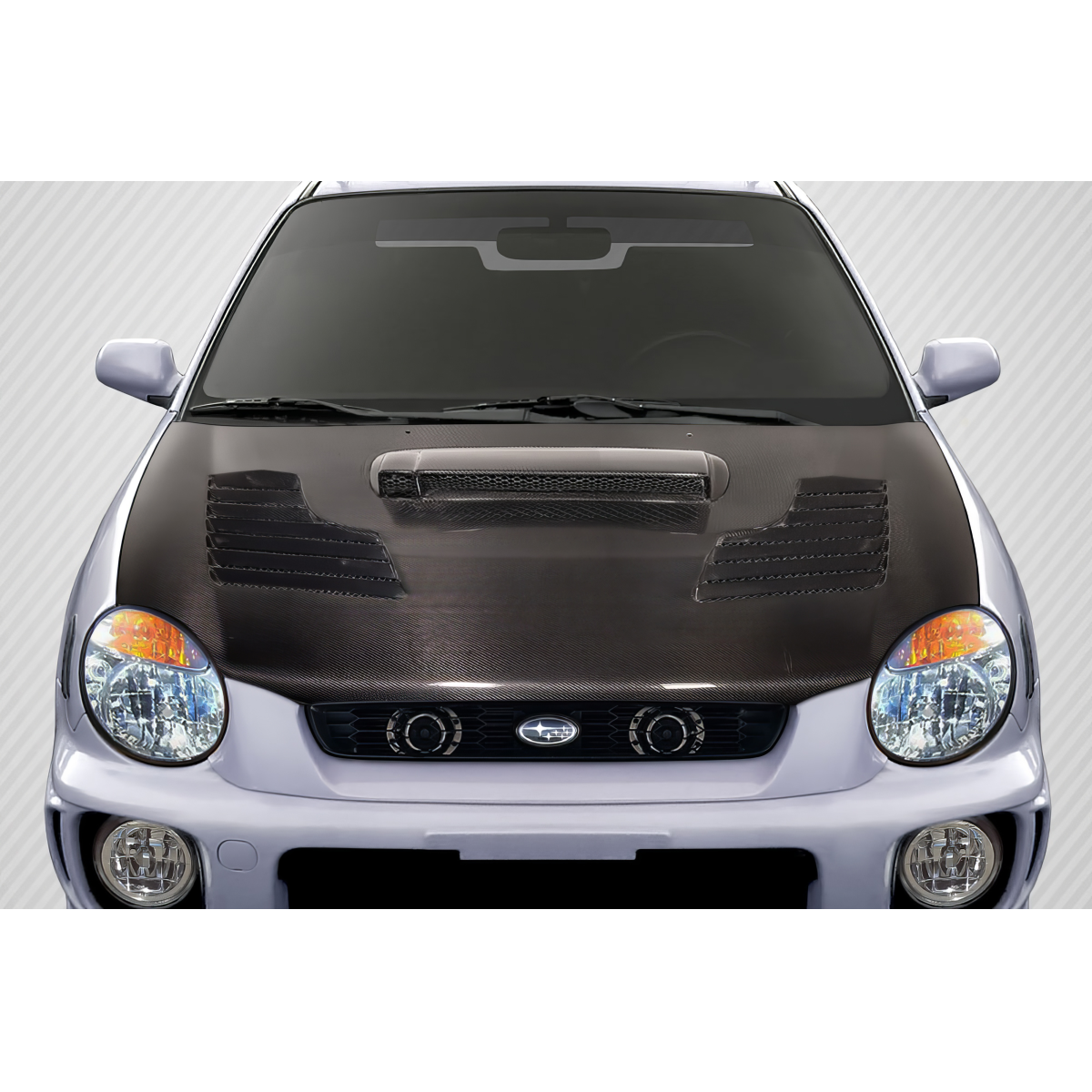 Modify your Subaru Impreza 2002 with our Exterior/Hoods - Front view of carbon fiber hood on Subaru Impreza