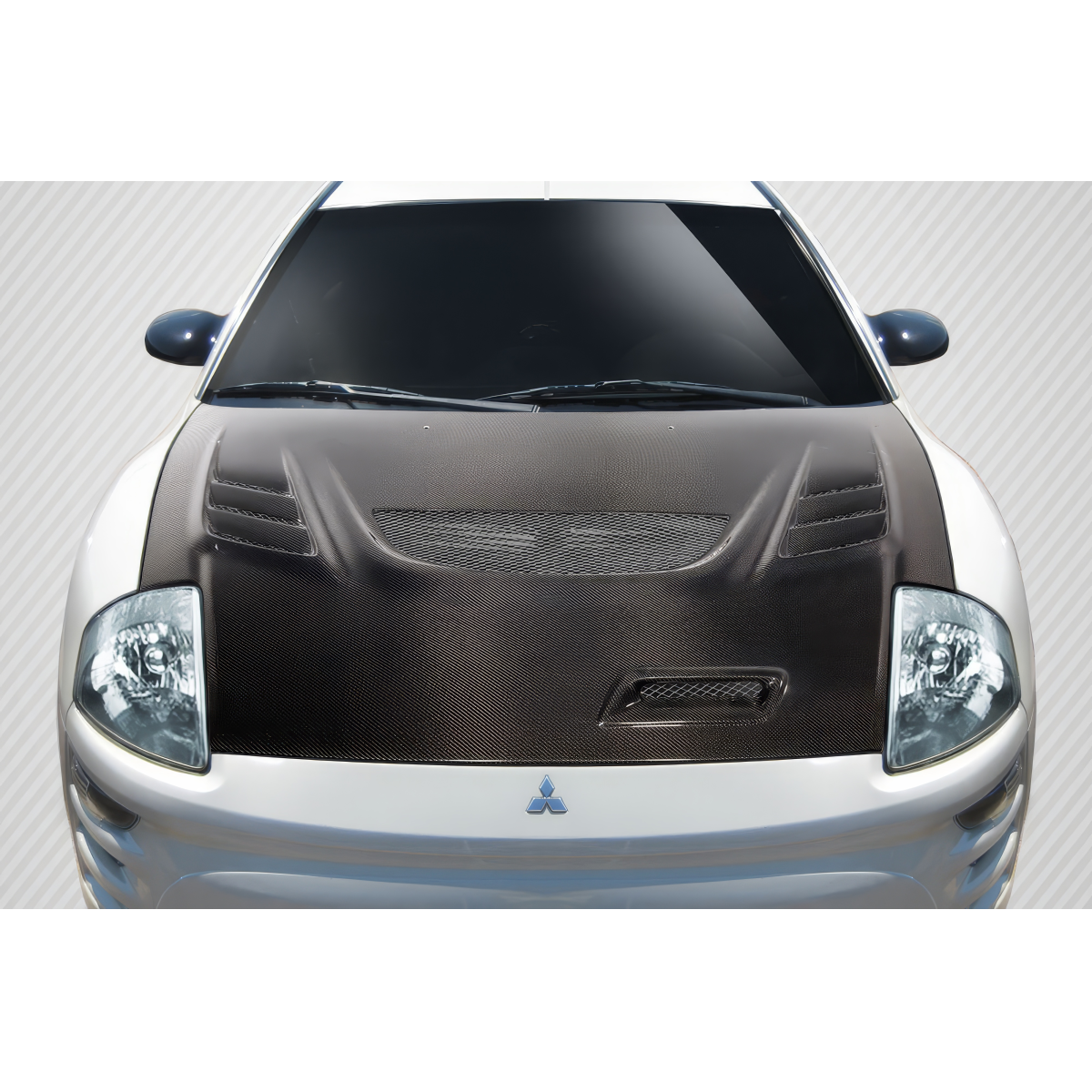 Modify your Mitsubishi Eclipse 2000 with our Exterior/Hoods - Front view of carbon fiber hood at a slight angle