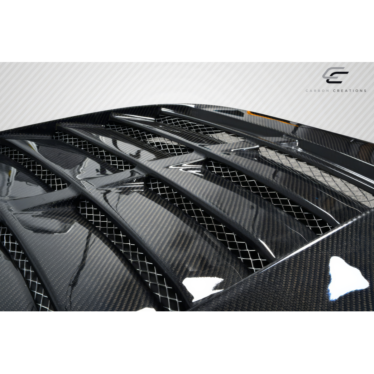 Modify your Ford Mustang 1987 with our Exterior/Hoods - Top angle view of carbon fiber hood part