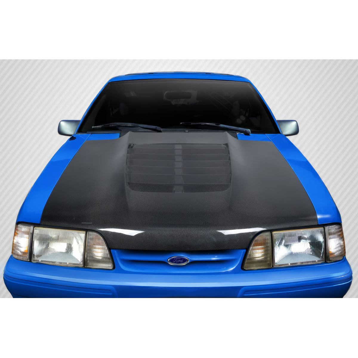 Modify your Ford Mustang 1987 with our Exterior/Hoods - View from the front at eye level