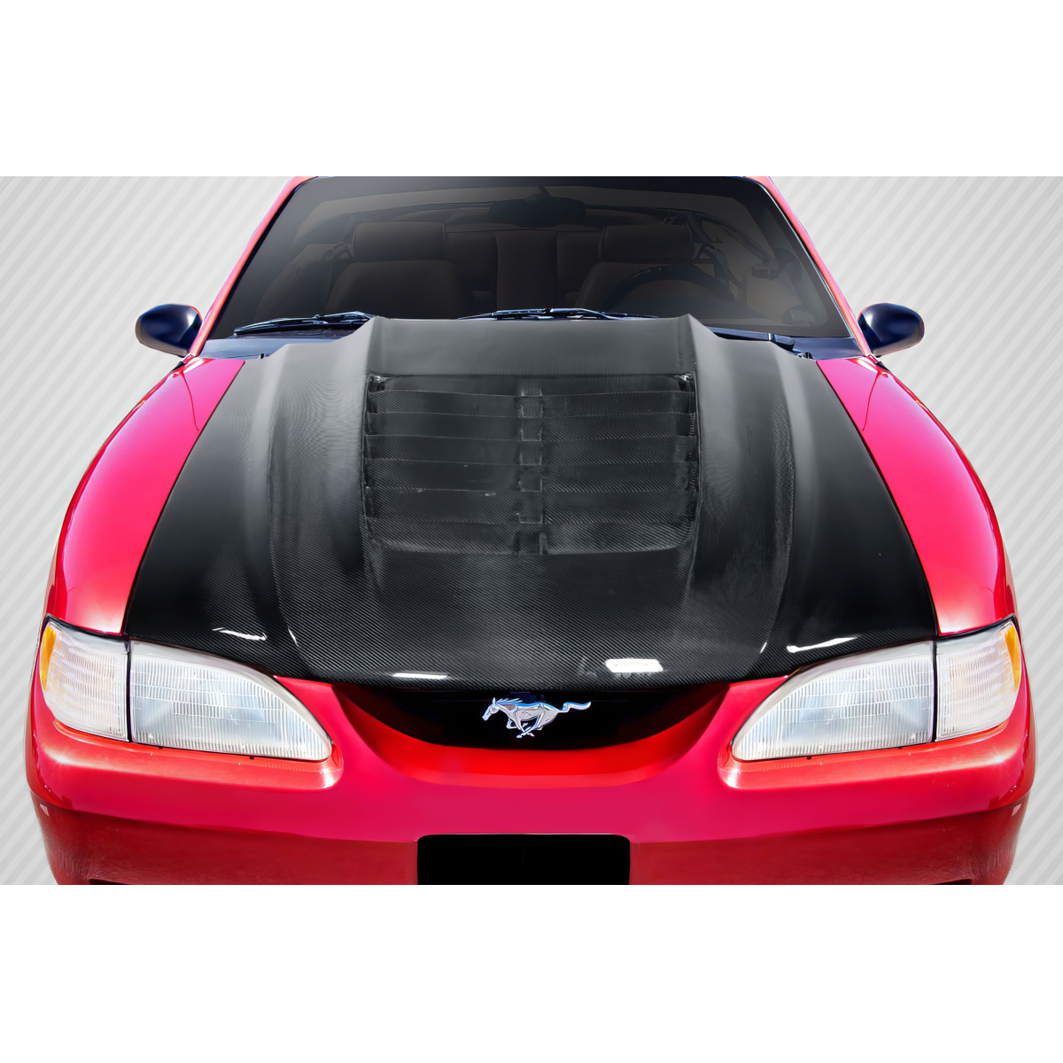 Modify your Ford Mustang 1994 with our Exterior/Hoods - Top down view of carbon fiber hood angled slightly