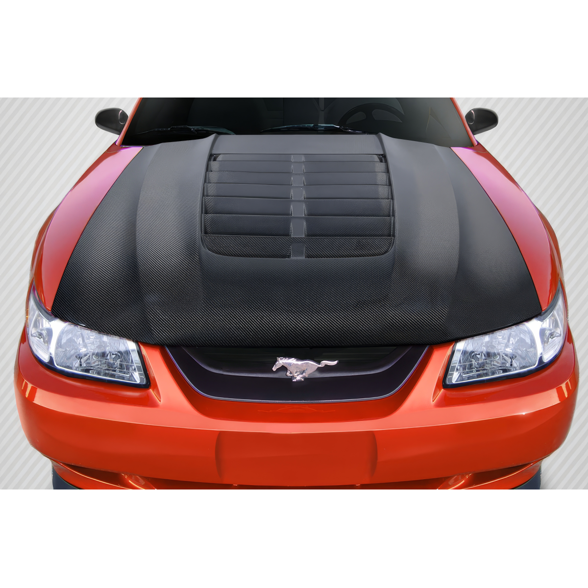 Modify your Ford Mustang 1999 with our Exterior/Hoods - Front view angled down at hood area