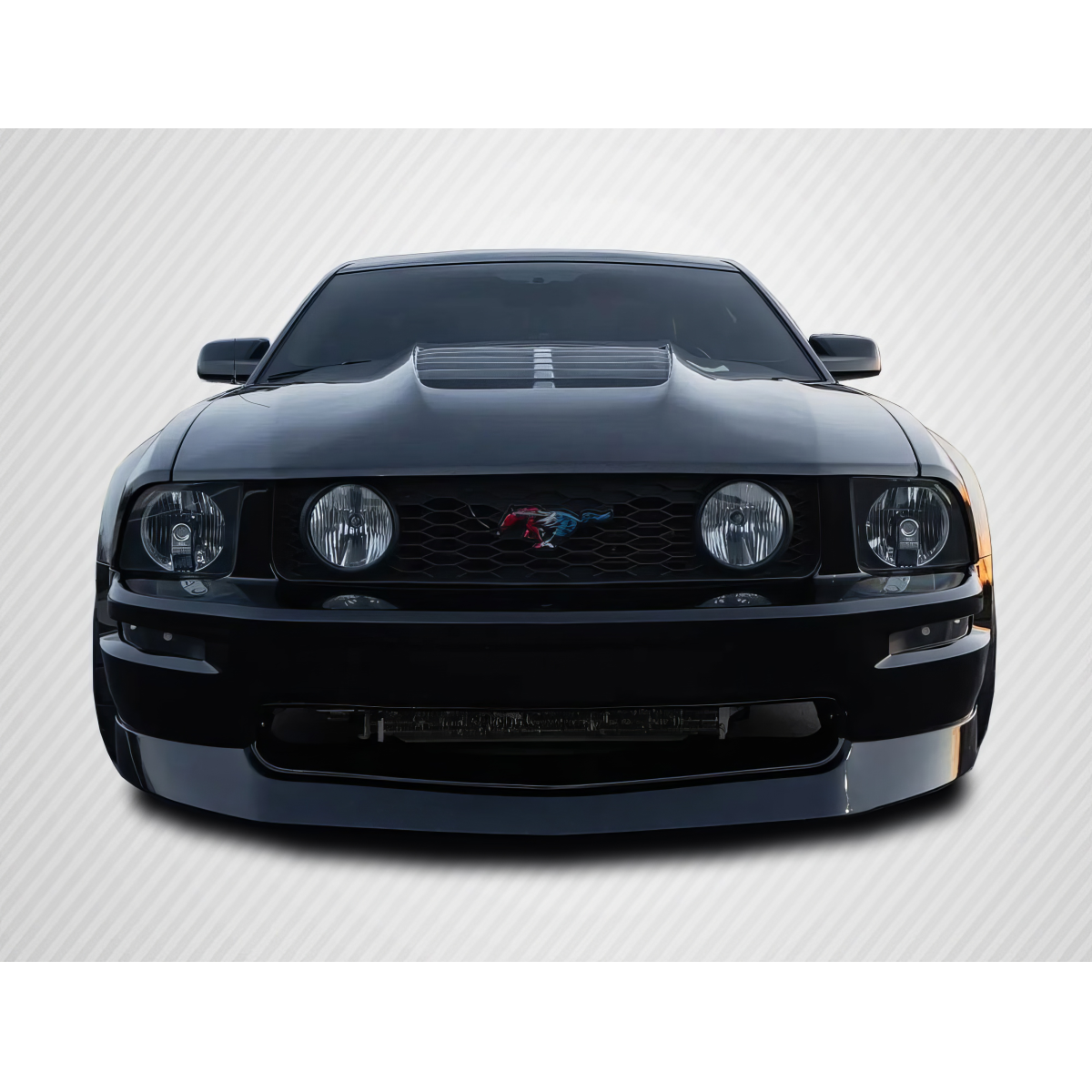 Modify your Ford Mustang 2005 with our Exterior/Hoods - Front view of a sleek black Mustang hood