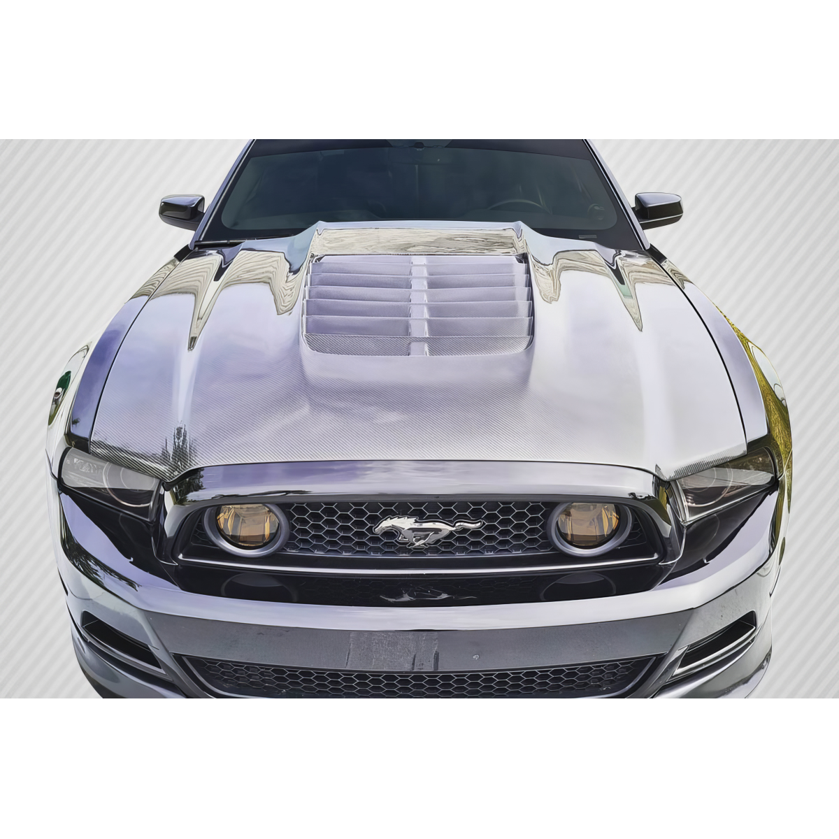 Modify your Ford Mustang 2013 with our Exterior/Hoods - Front view of car part at a straight angle