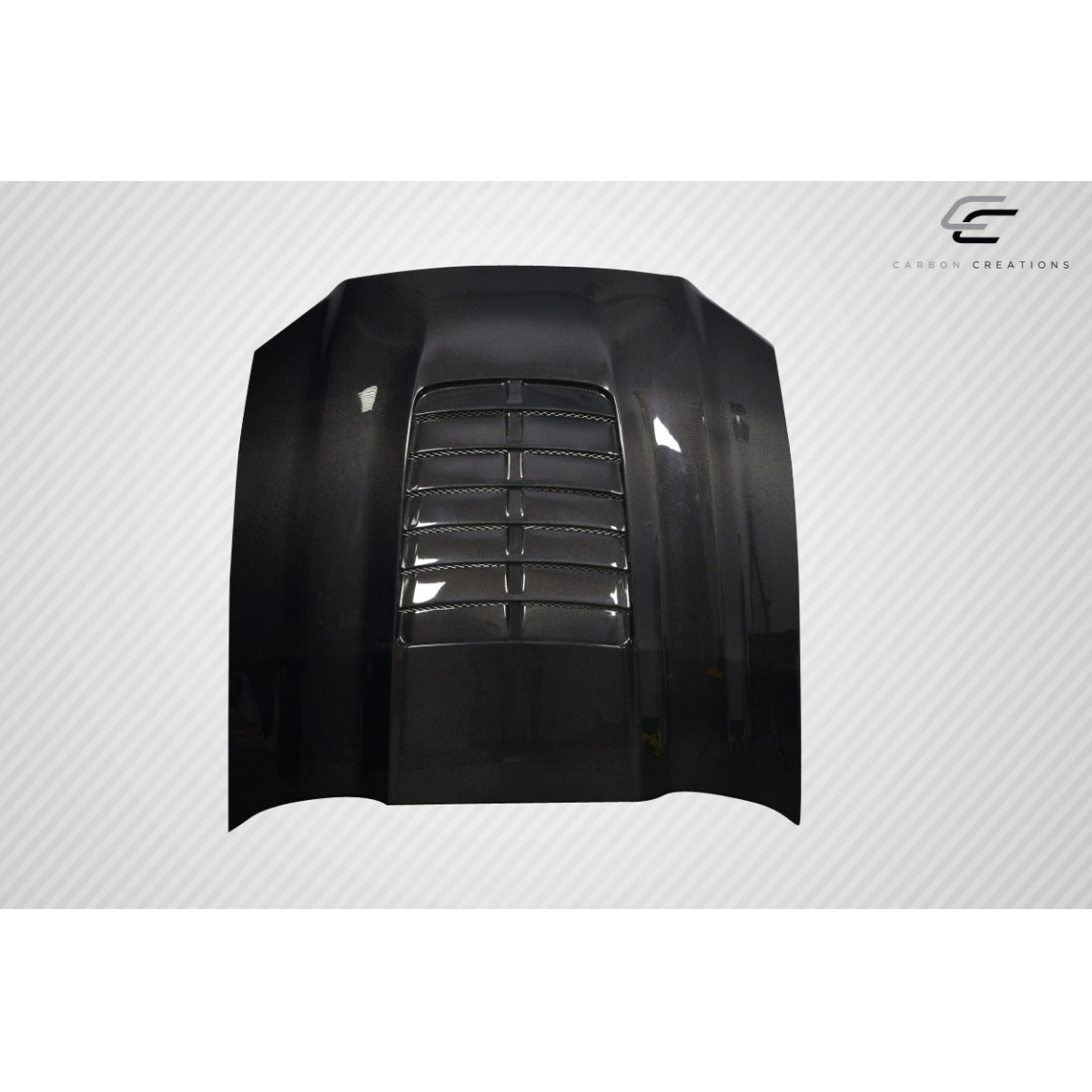 Modify your Ford Mustang 2013 with our Exterior/Hoods - Top angle view of the carbon fiber hood