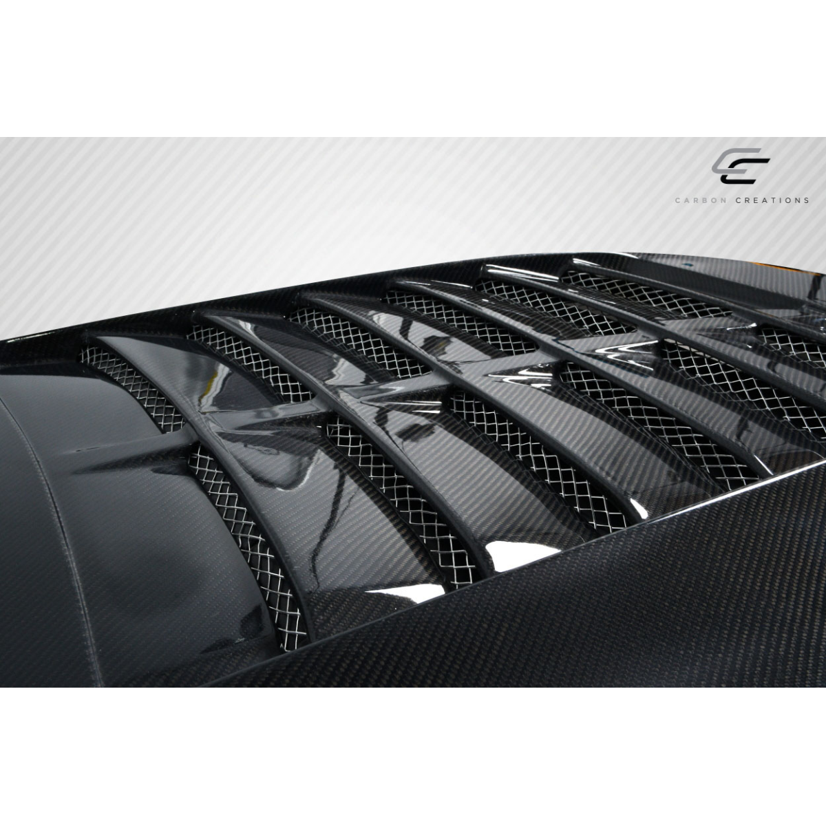 Modify your Ford Mustang 2013 with our Exterior/Hoods - Top down angle showcasing carbon fiber design