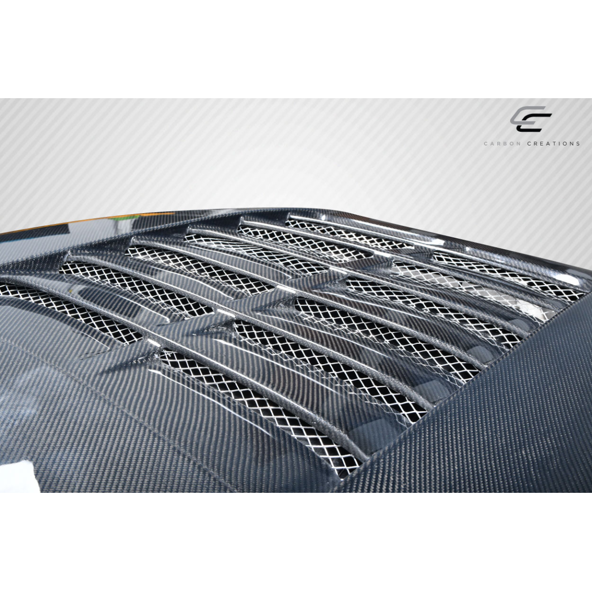 Modify your Ford Mustang 2018 with our Exterior/Hoods - Top down angle of the carbon fiber hood