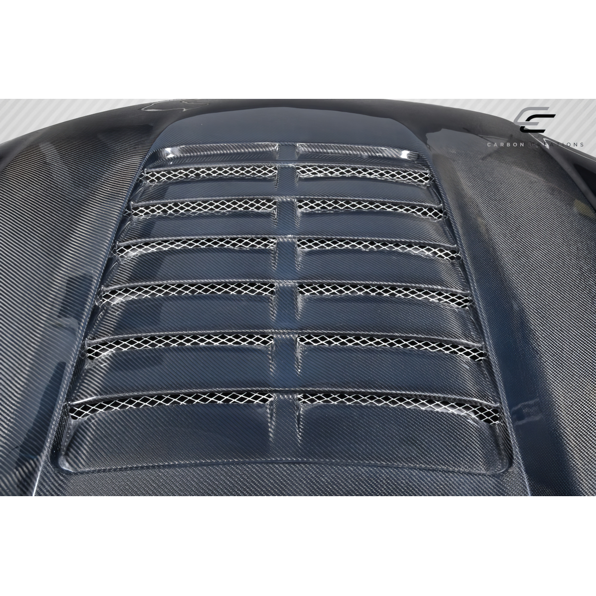 Modify your Ford Mustang 2018 with our Exterior/Hoods - Top view of the carbon fiber hood with vents