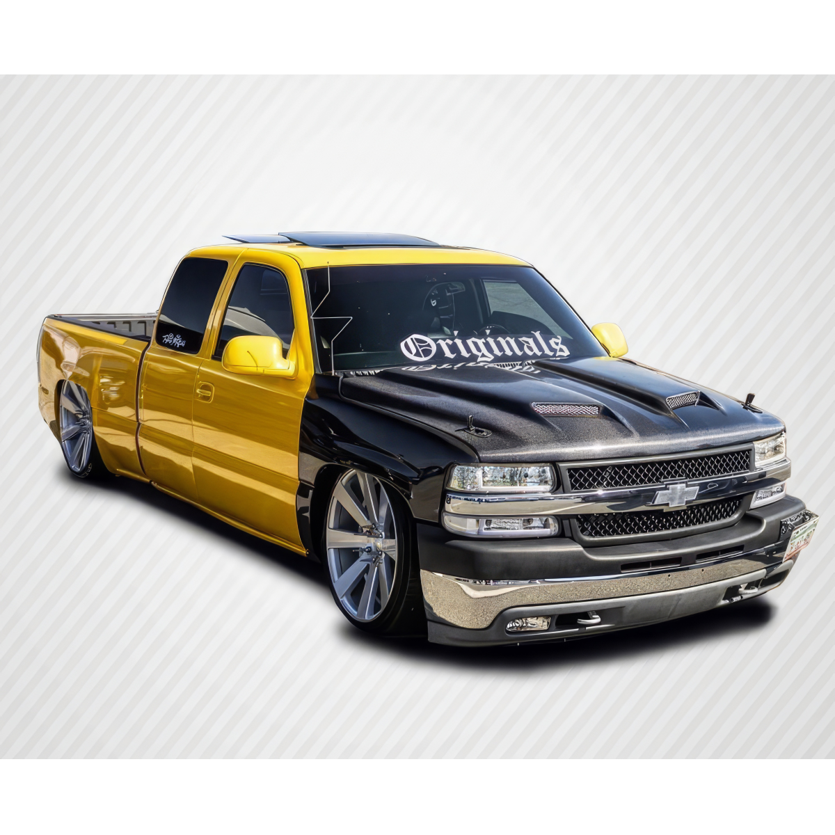 Modify your Chevrolet Silverado 1999 with our Exterior/Hoods - Front three quarter view of a modified truck