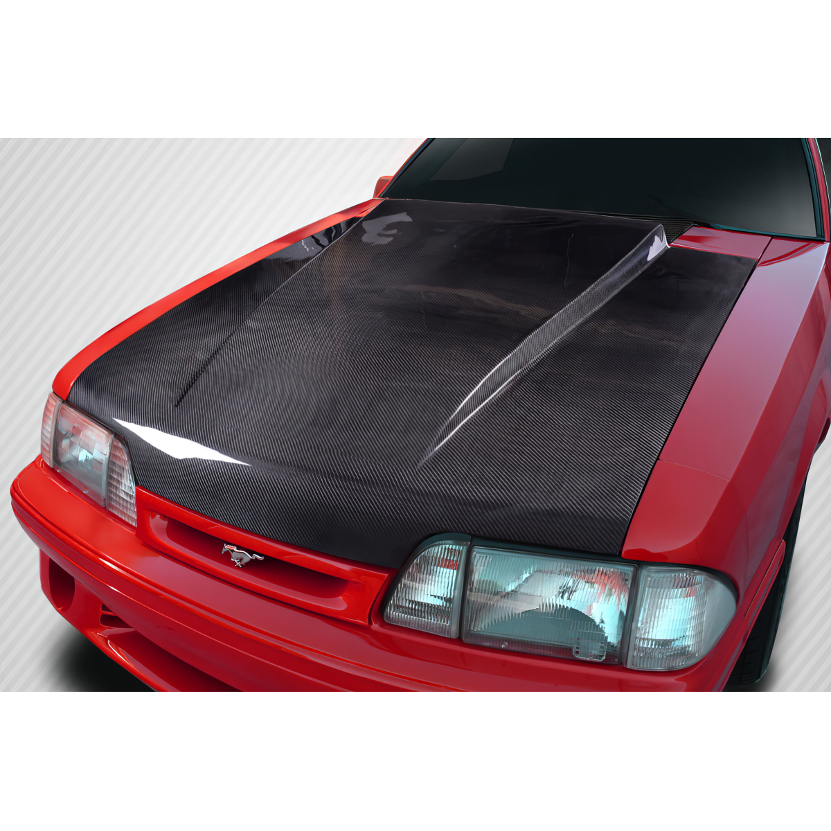 Modify your Ford Mustang 1987 with our Exterior/Hoods - Front view angle of the hood on the vehicle