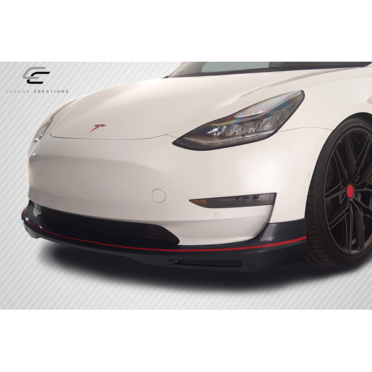 Modify your Tesla 3 2018 with our Exterior/Front Bumpers or Lips - Front angle showing front lip on Tesla Model 3