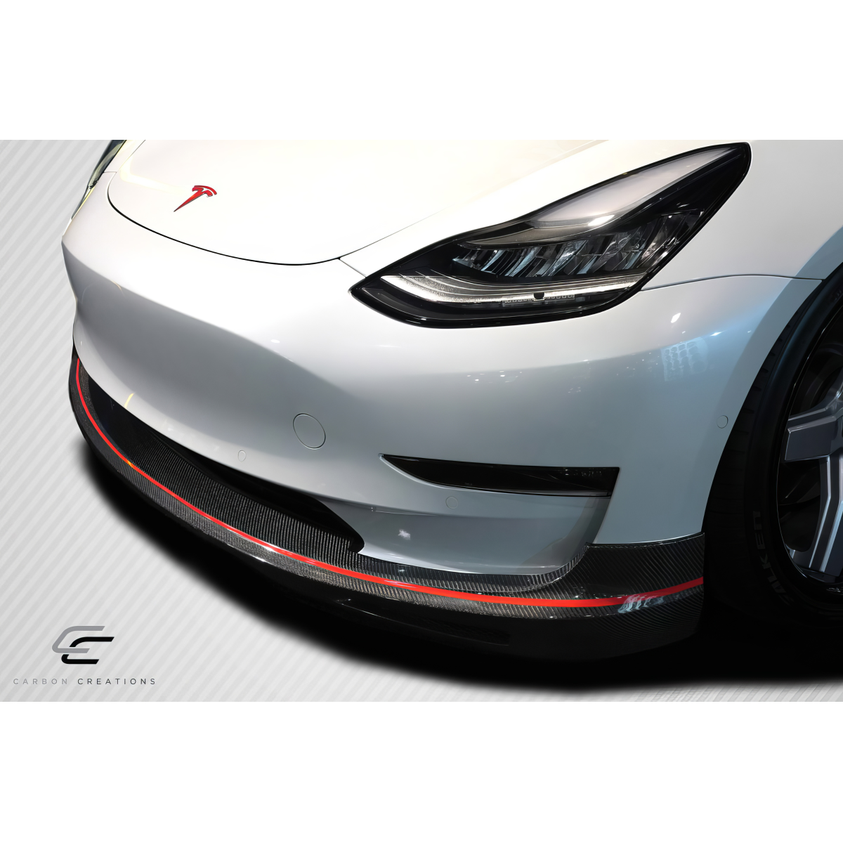 Modify your Tesla 3 2018 with our Exterior/Front Bumpers or Lips - Front low angle view of Tesla Model 3 front lip