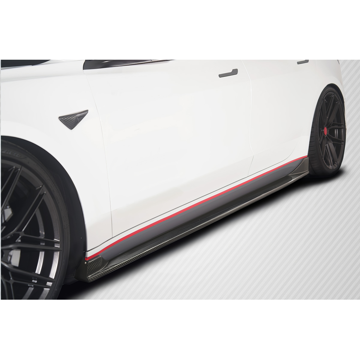 Modify your Tesla 3 2018 with our Exterior/Side Skirts - Side view of car showing side skirt at low angle