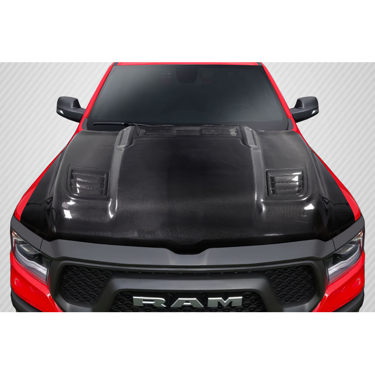 Modify your Dodge Ram 2019 with our Exterior/Hoods - Viewed from the front at a slight angle