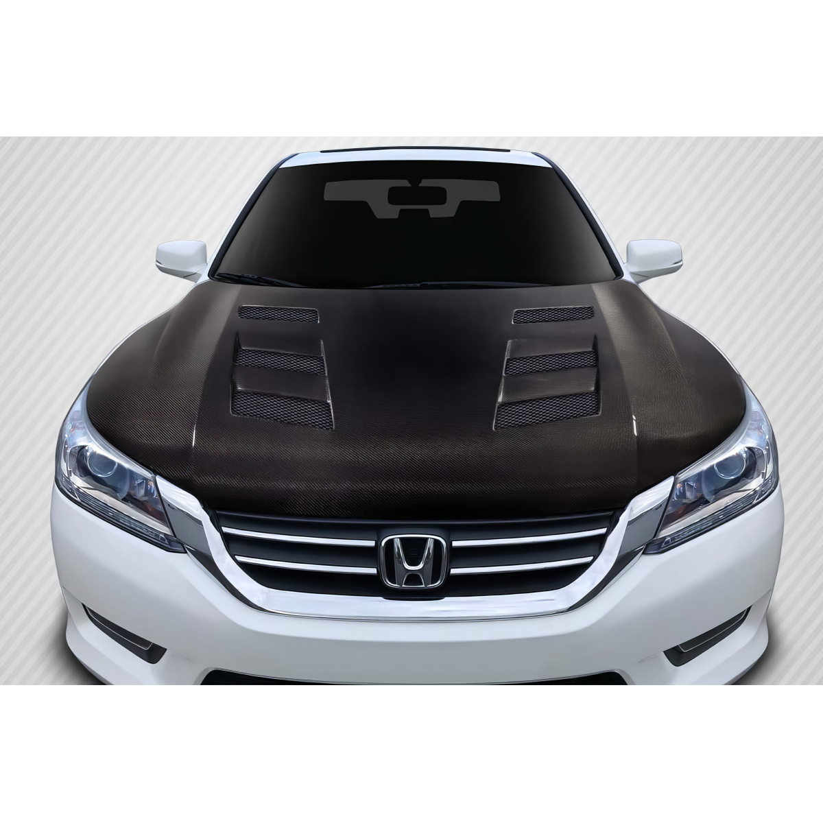 Modify your Honda Accord 2013 with our Exterior/Hoods - Front angle view of carbon fiber hood on vehicle