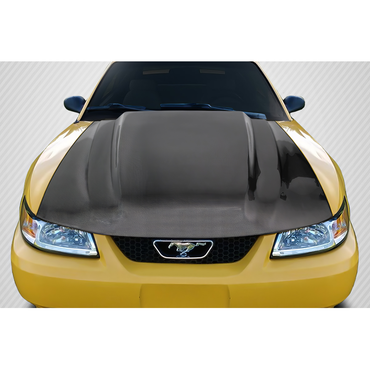 Modify your Ford Mustang 1999 with our Exterior/Hoods - Front angle view of carbon fiber cowl hood