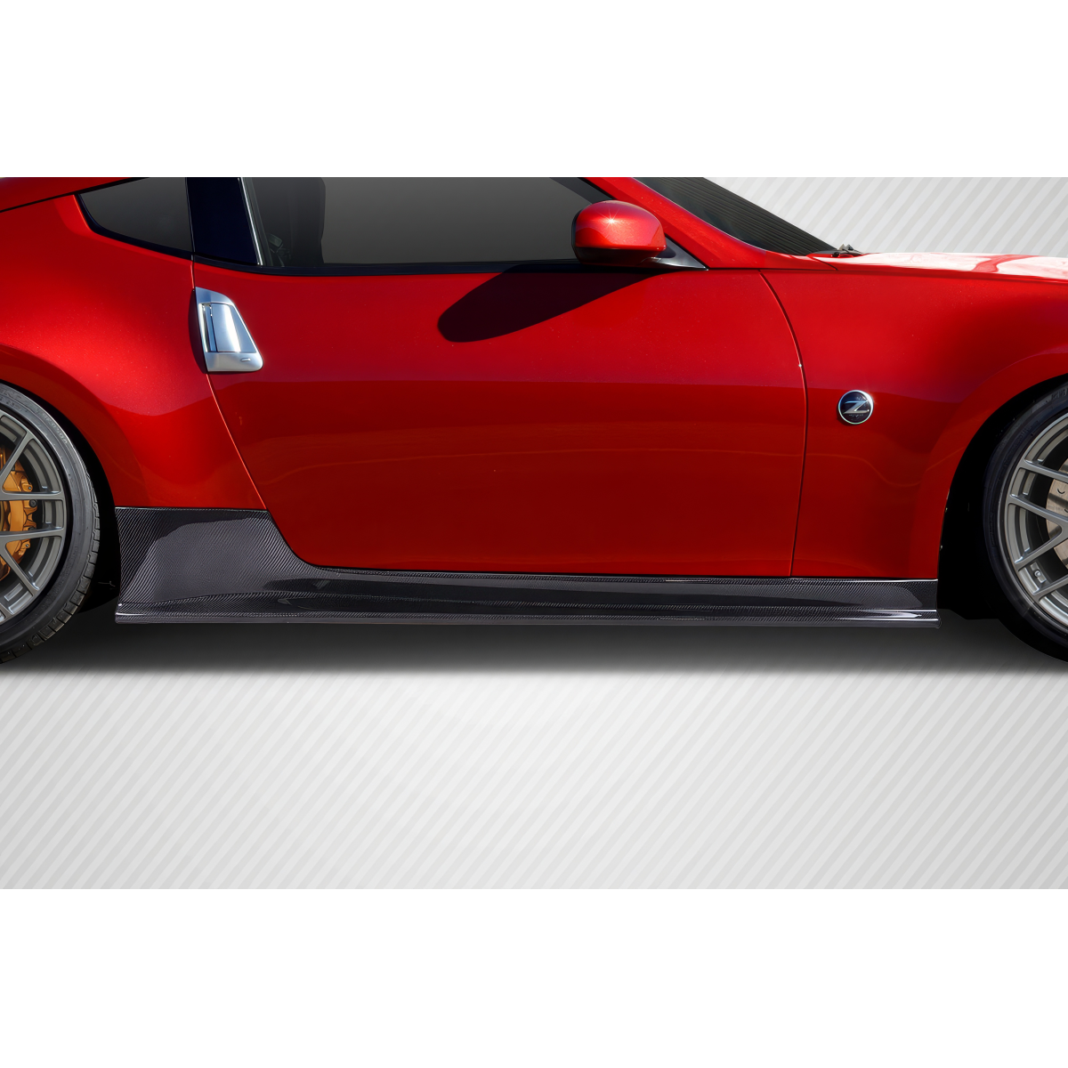 Modify your Nissan 370Z 2009 with our Exterior/Side Skirts - The part is viewed at a side angle