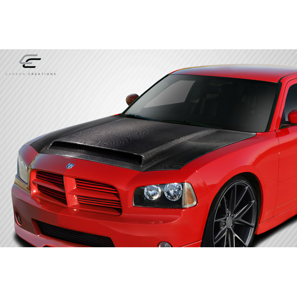 Modify your Dodge Charger 2006 with our Exterior/Hoods - Front angle showcasing carbon fiber hood design
