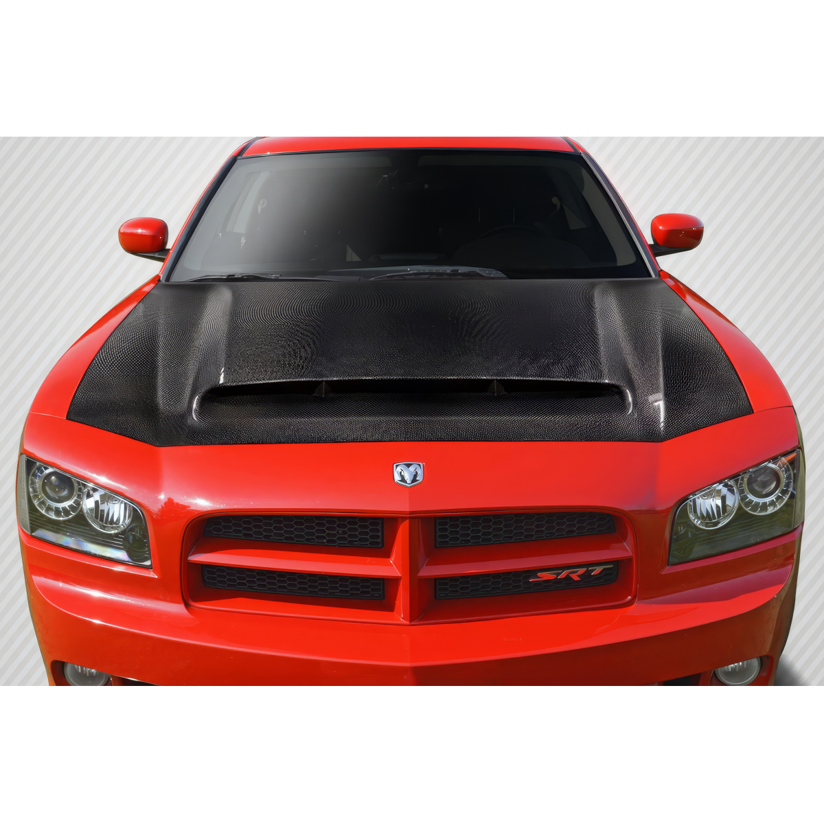 Modify your Dodge Charger 2006 with our Exterior/Hoods - Front angle view of hood on red Dodge Charger