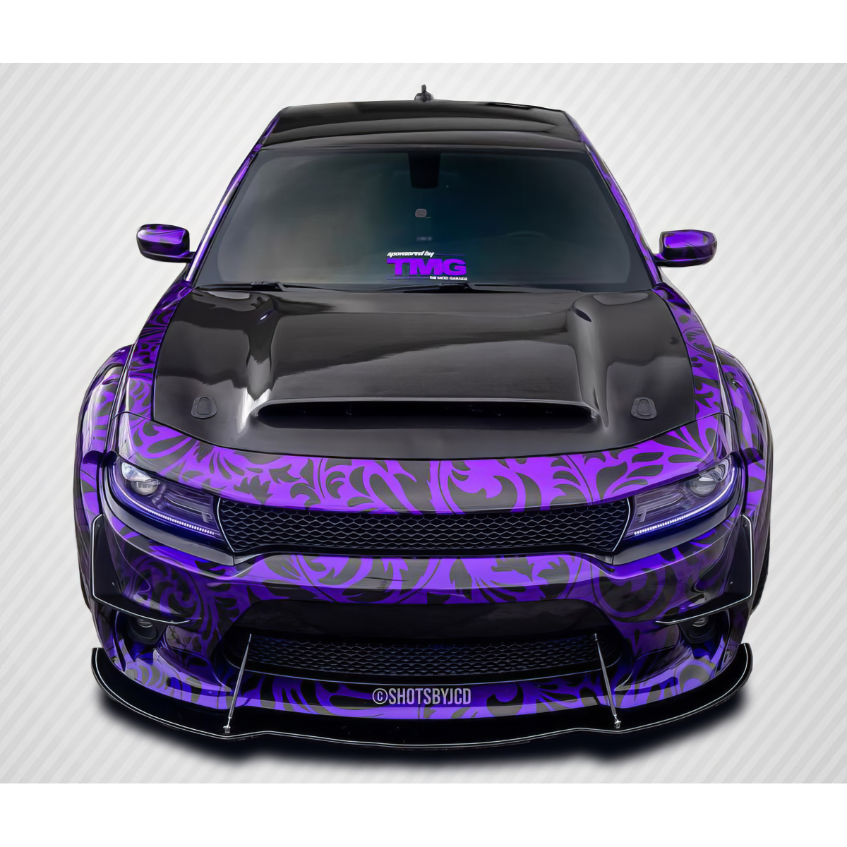 Modify your Dodge Charger 2015 with our Exterior/Hoods - Front view of the hood from a high angle