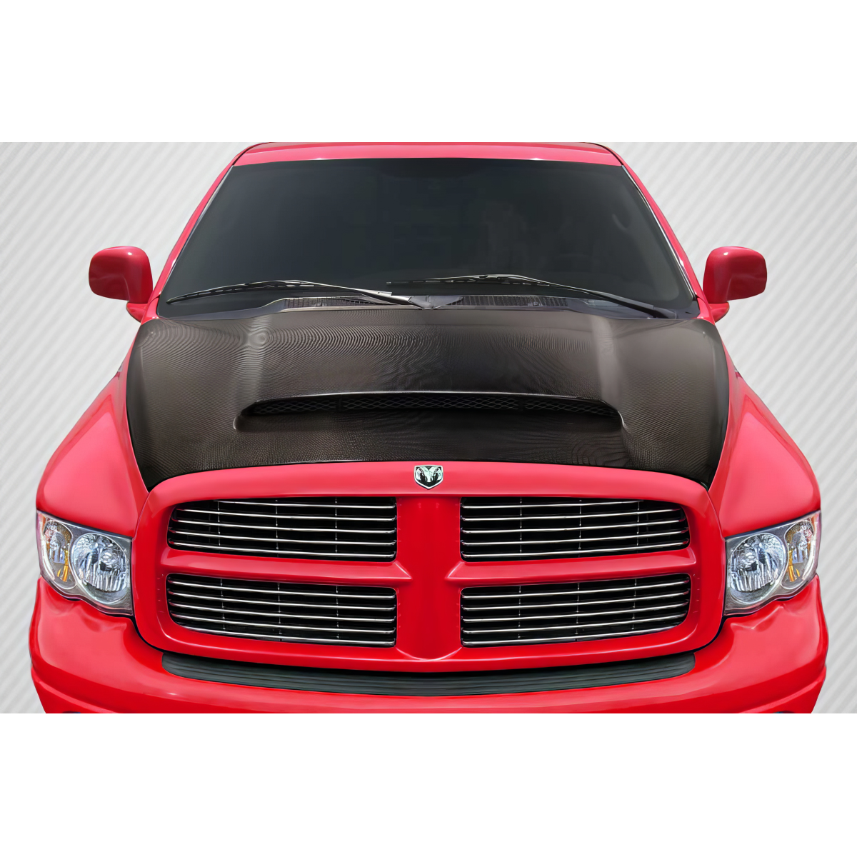 Modify your Dodge Ram 2002 with our Exterior/Hoods - Front view of the vehicle hood at a straight angle