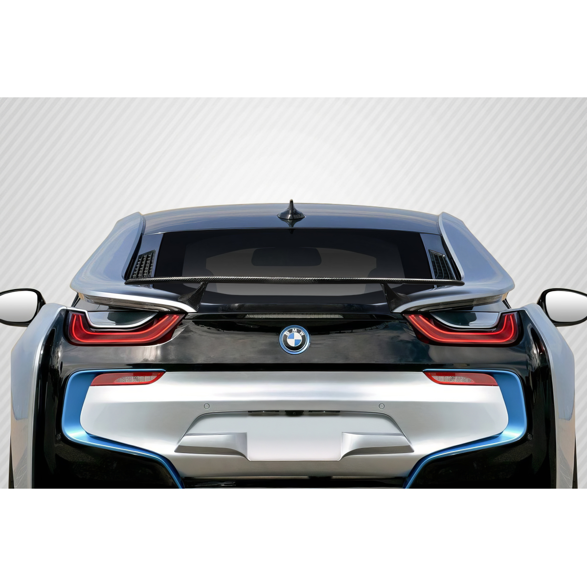 Modify your BMW i8 2014 with our Exterior/Wings - Rear view angle of the BMW i8 with wing spoiler