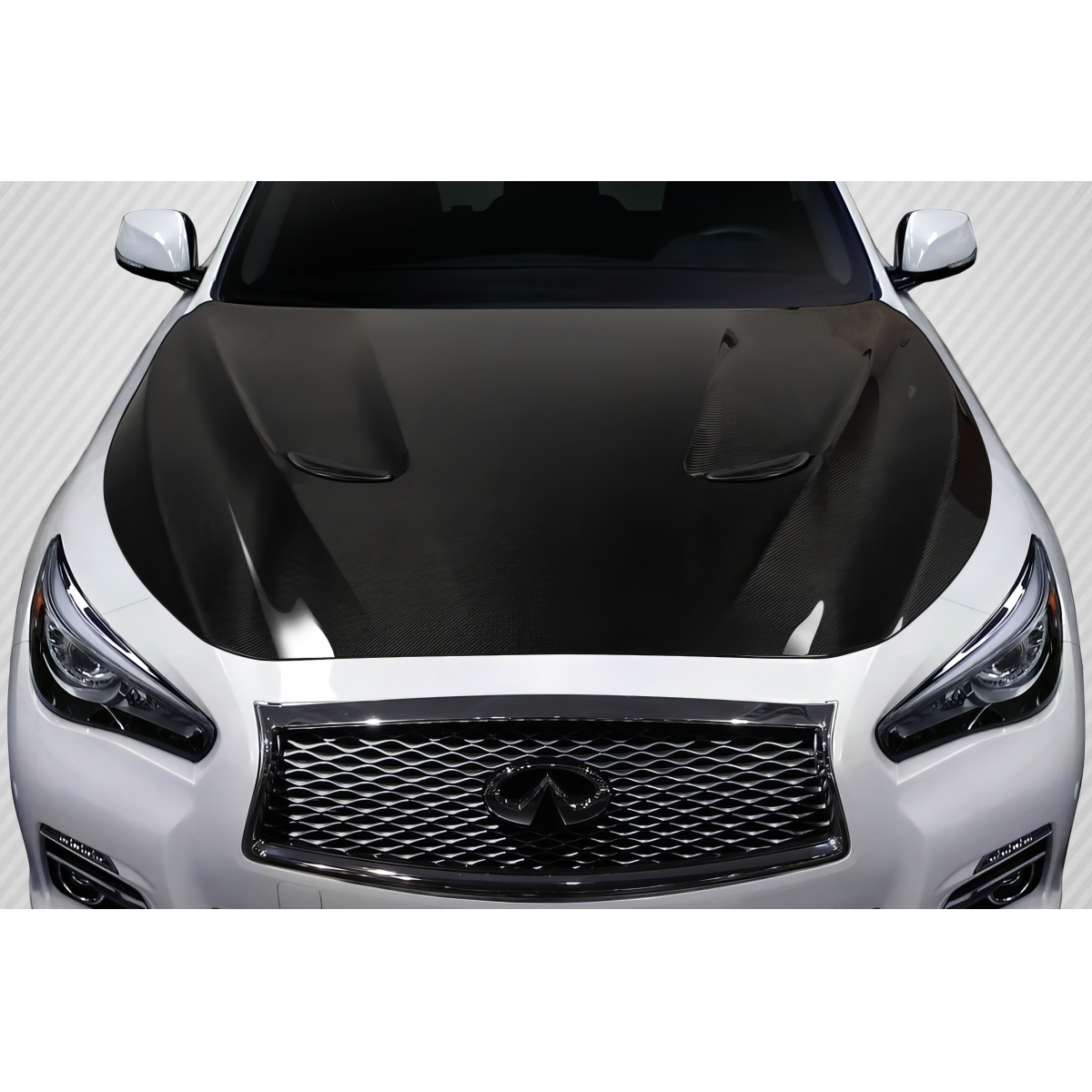 Modify your Infiniti Q50 2014 with our Exterior/Hoods - Top down view of vehicle hood with carbon fiber