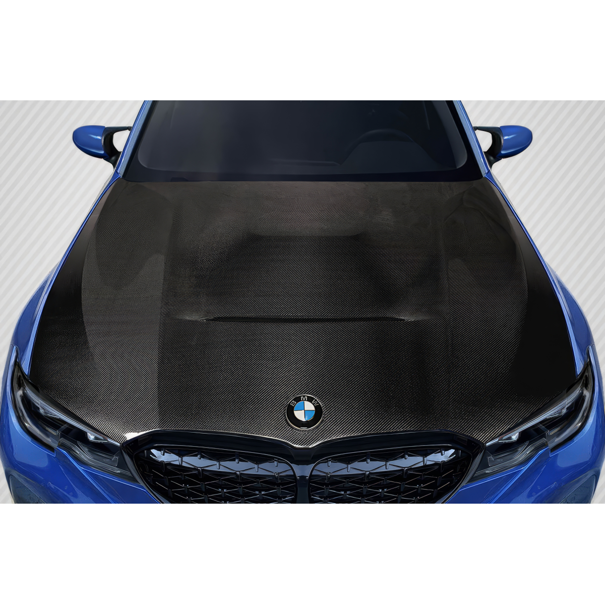 Modify your BMW 3-Series 2019 with our Exterior/Hoods - Viewed from the front in a top-down angle